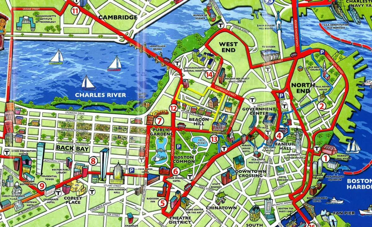kaart van die Boston-aantreklikhede