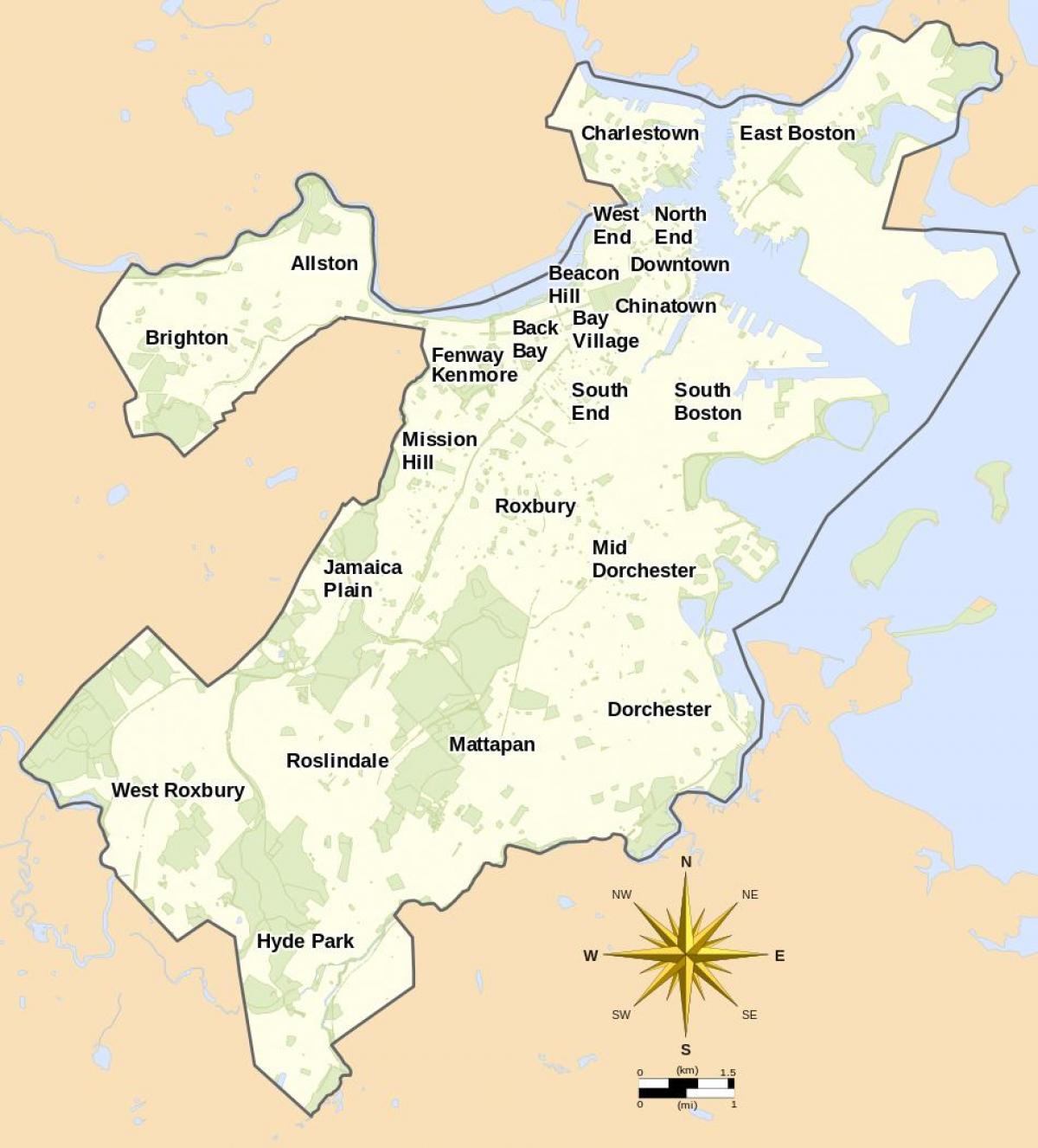 kaart van Boston en die omliggende gebied